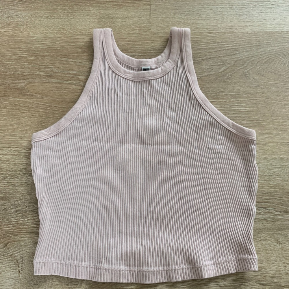 Uniqlo Ribbed High Neck Tank Top Pale Pink Medium 241-467048 Sleeveless Crop